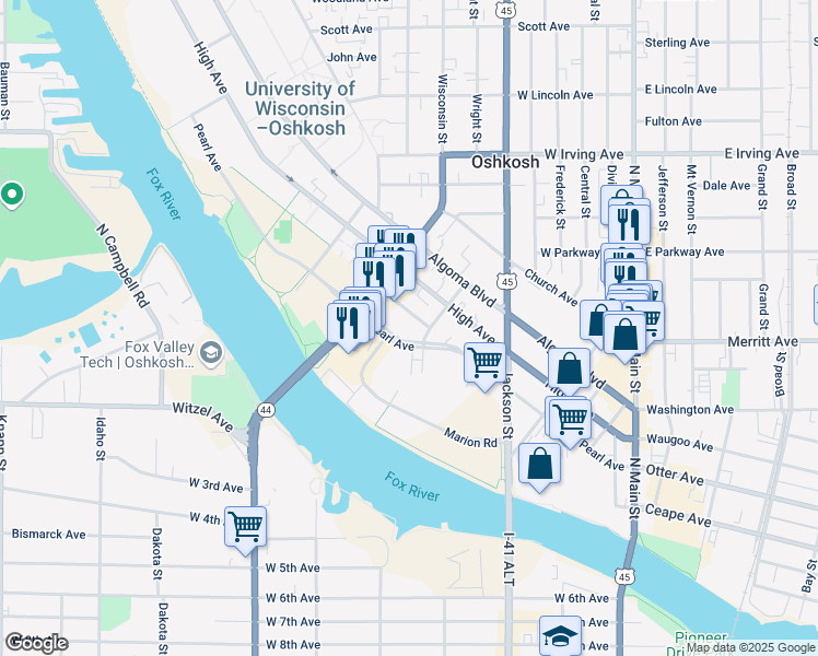 map of restaurants, bars, coffee shops, grocery stores, and more near 526 Campus Place in Oshkosh
