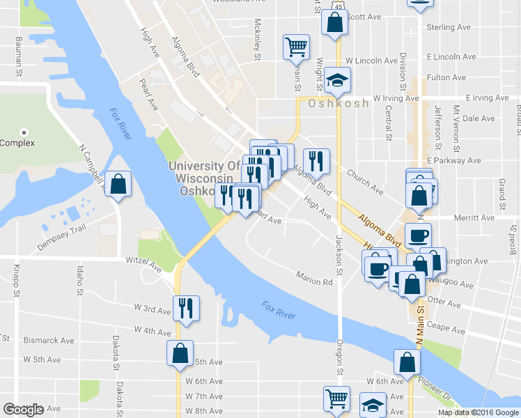 map of restaurants, bars, coffee shops, grocery stores, and more near 554 Pearl Avenue in Oshkosh