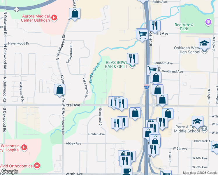 map of restaurants, bars, coffee shops, grocery stores, and more near 240 Westbrook Drive in Oshkosh