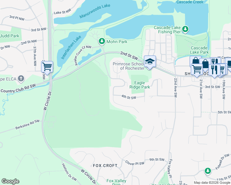 map of restaurants, bars, coffee shops, grocery stores, and more near 336 Wimbledon Hills Drive Southwest in Rochester