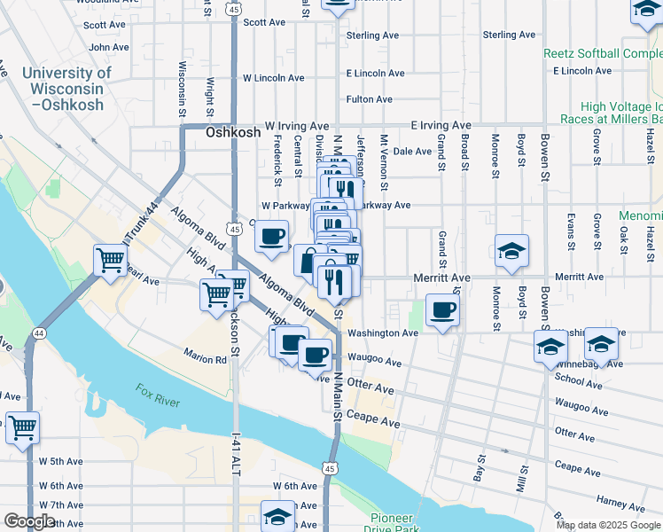 map of restaurants, bars, coffee shops, grocery stores, and more near 530 North Main Street in Oshkosh