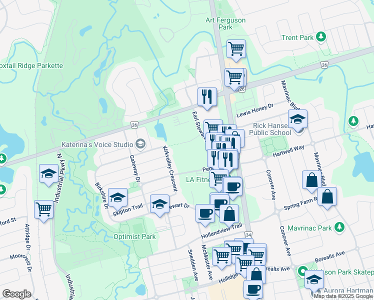 map of restaurants, bars, coffee shops, grocery stores, and more near 33 Isaacson Crescent in Aurora