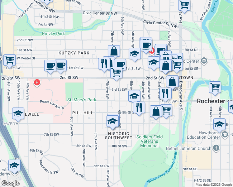map of restaurants, bars, coffee shops, grocery stores, and more near 229 6th Avenue Southwest in Rochester