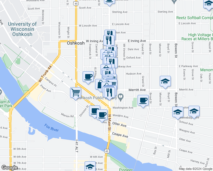 map of restaurants, bars, coffee shops, grocery stores, and more near 530 North Main Street in Oshkosh