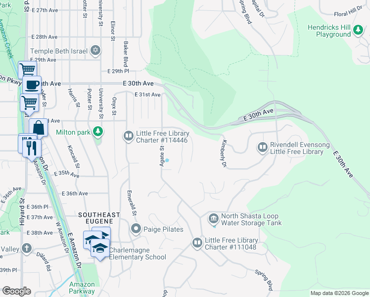 map of restaurants, bars, coffee shops, grocery stores, and more near 1750 Cameo Drive in Eugene