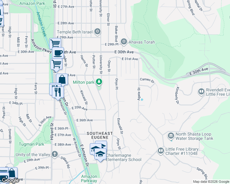 map of restaurants, bars, coffee shops, grocery stores, and more near 3392 Onyx Place in Eugene