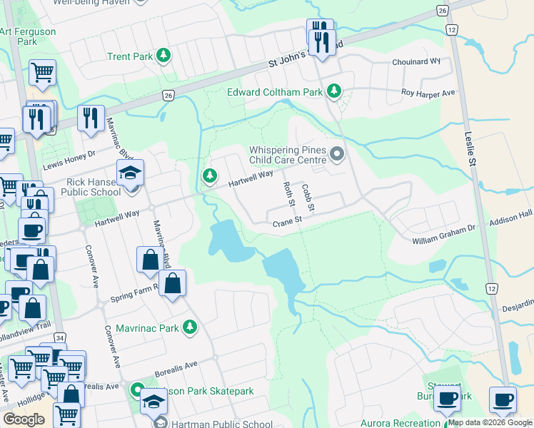 map of restaurants, bars, coffee shops, grocery stores, and more near in Aurora