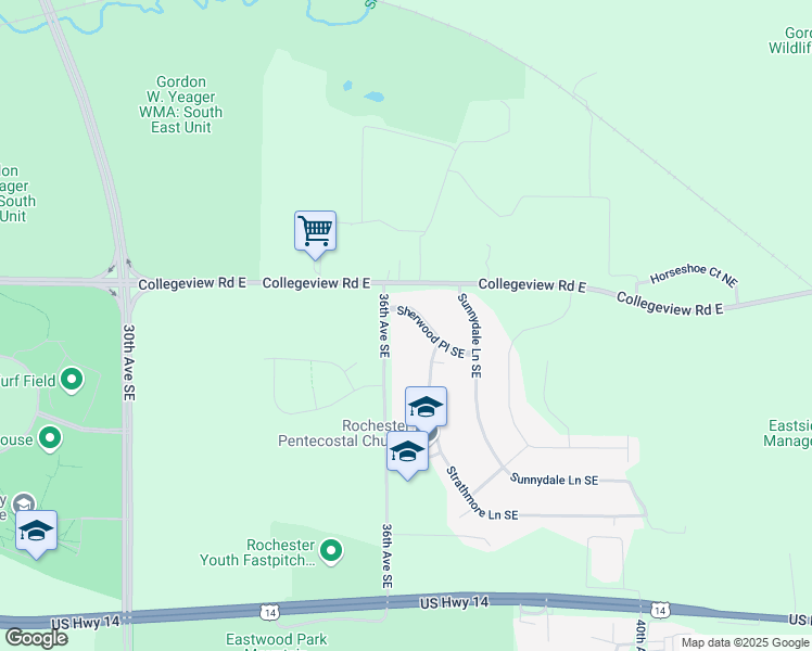 map of restaurants, bars, coffee shops, grocery stores, and more near 36 36th Avenue Southeast in Rochester