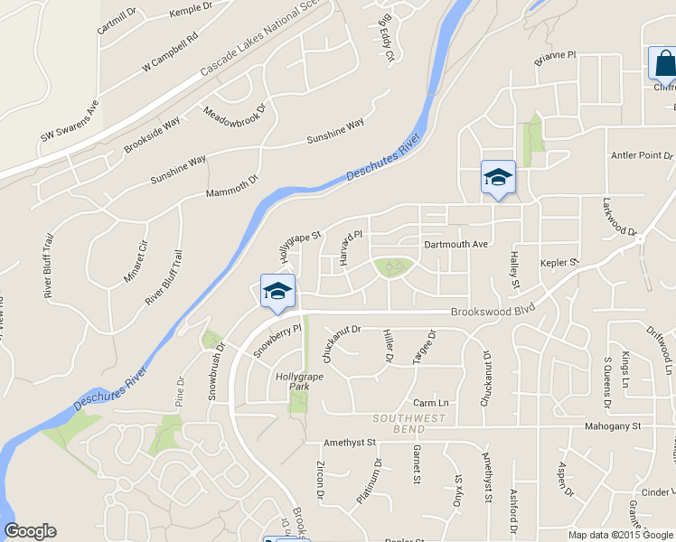 map of restaurants, bars, coffee shops, grocery stores, and more near 19622 Harvard Place in Bend