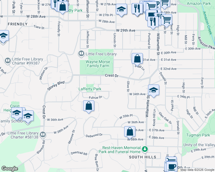 map of restaurants, bars, coffee shops, grocery stores, and more near 3349 Loma Linda Drive in Eugene