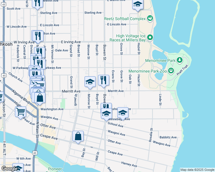 map of restaurants, bars, coffee shops, grocery stores, and more near 524 Bowen Street in Oshkosh