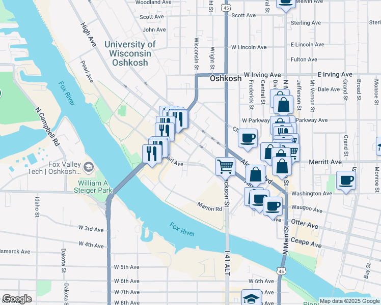 map of restaurants, bars, coffee shops, grocery stores, and more near 471 High Avenue in Oshkosh