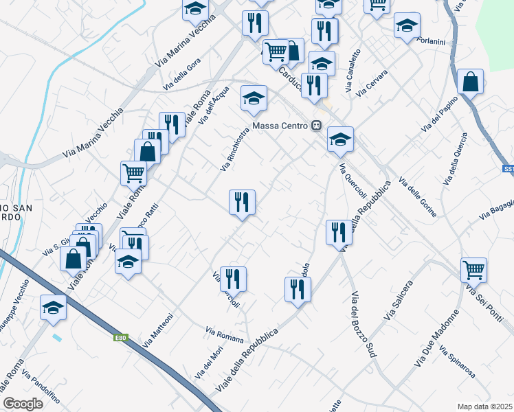 map of restaurants, bars, coffee shops, grocery stores, and more near 124 Via Quercioli in Massa