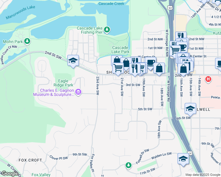 map of restaurants, bars, coffee shops, grocery stores, and more near 364 22nd Avenue Southwest in Rochester