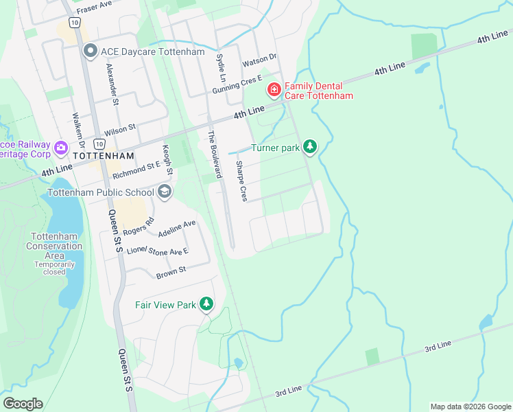 map of restaurants, bars, coffee shops, grocery stores, and more near 135 Sharpe Crescent in New Tecumseth
