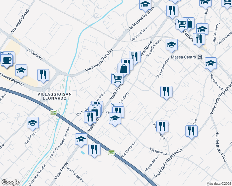 map of restaurants, bars, coffee shops, grocery stores, and more near 191 Viale Roma in Massa