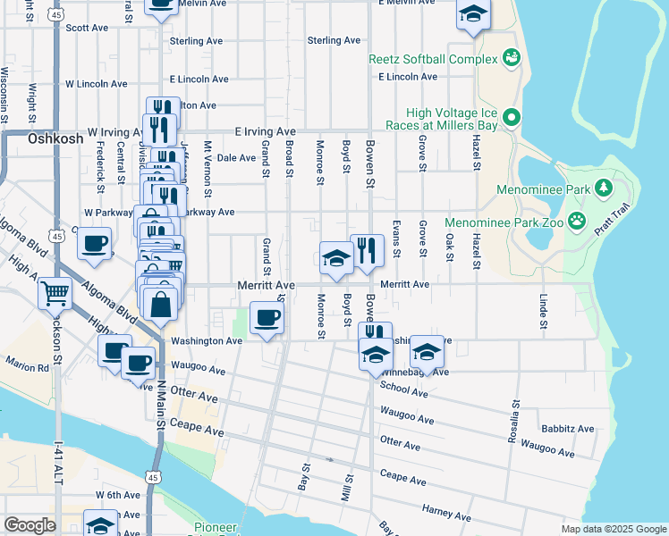 map of restaurants, bars, coffee shops, grocery stores, and more near 600 Merritt Avenue in Oshkosh