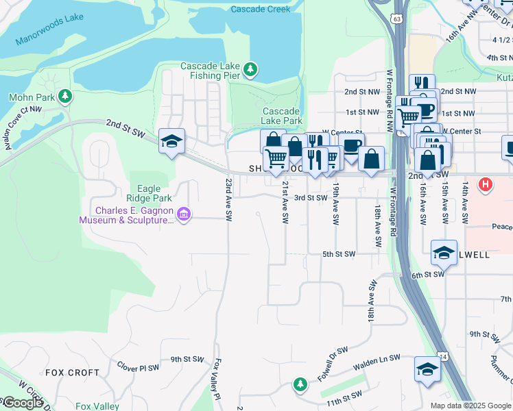 map of restaurants, bars, coffee shops, grocery stores, and more near 364 22nd Avenue Southwest in Rochester
