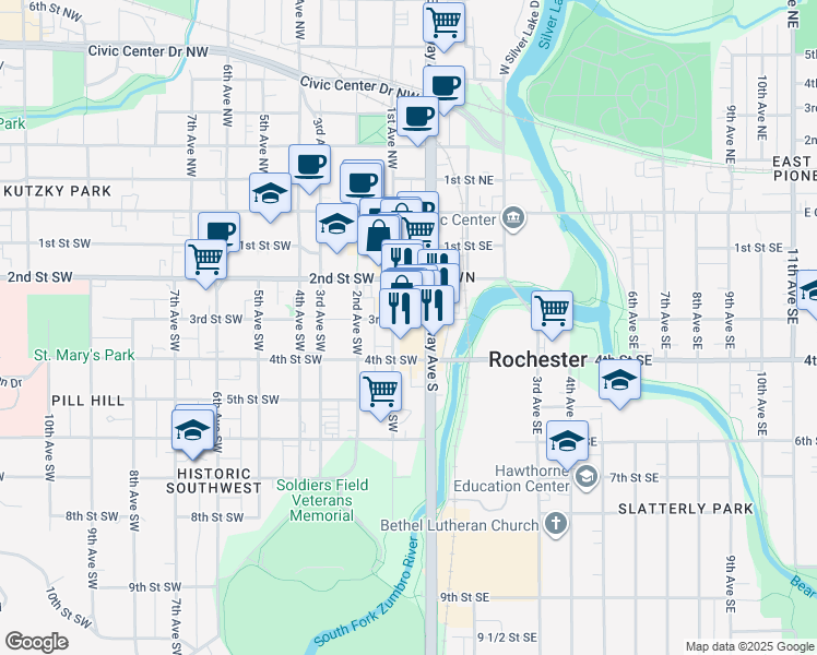 map of restaurants, bars, coffee shops, grocery stores, and more near 221 1st Avenue Southwest in Rochester