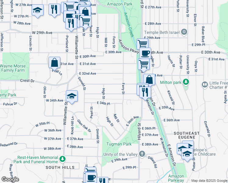 map of restaurants, bars, coffee shops, grocery stores, and more near 409 East 34th Avenue in Eugene