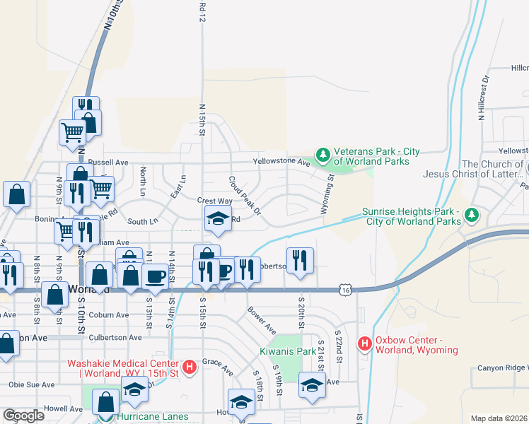 map of restaurants, bars, coffee shops, grocery stores, and more near 1800 Circle Road in Worland