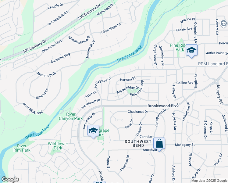 map of restaurants, bars, coffee shops, grocery stores, and more near 19614 Harvard Place in Bend