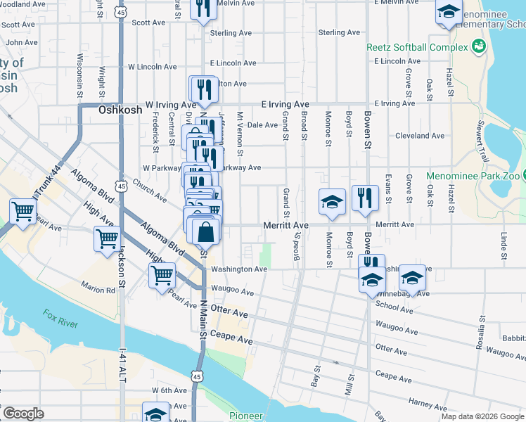 map of restaurants, bars, coffee shops, grocery stores, and more near 527 Madison Street in Oshkosh