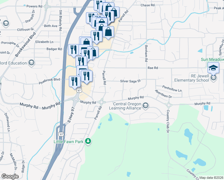 map of restaurants, bars, coffee shops, grocery stores, and more near 61146 Parrell Road in Bend