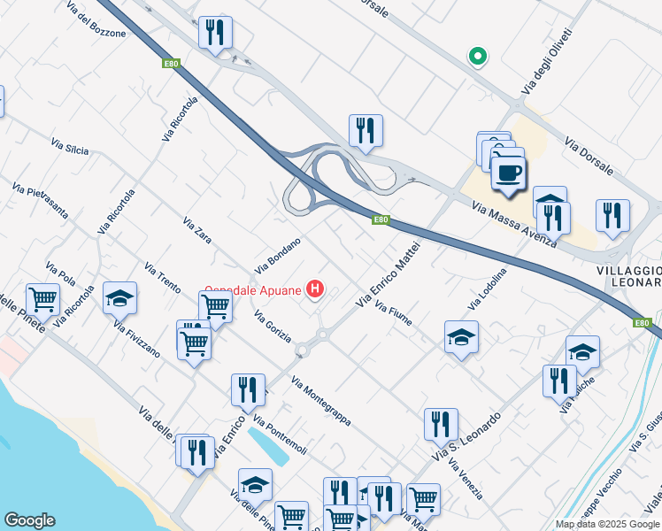 map of restaurants, bars, coffee shops, grocery stores, and more near 193 Via Fiume in Massa