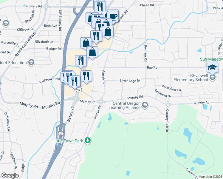 map of restaurants, bars, coffee shops, grocery stores, and more near 61146 Parrell Road in Bend