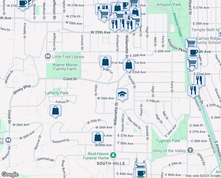 map of restaurants, bars, coffee shops, grocery stores, and more near in Eugene
