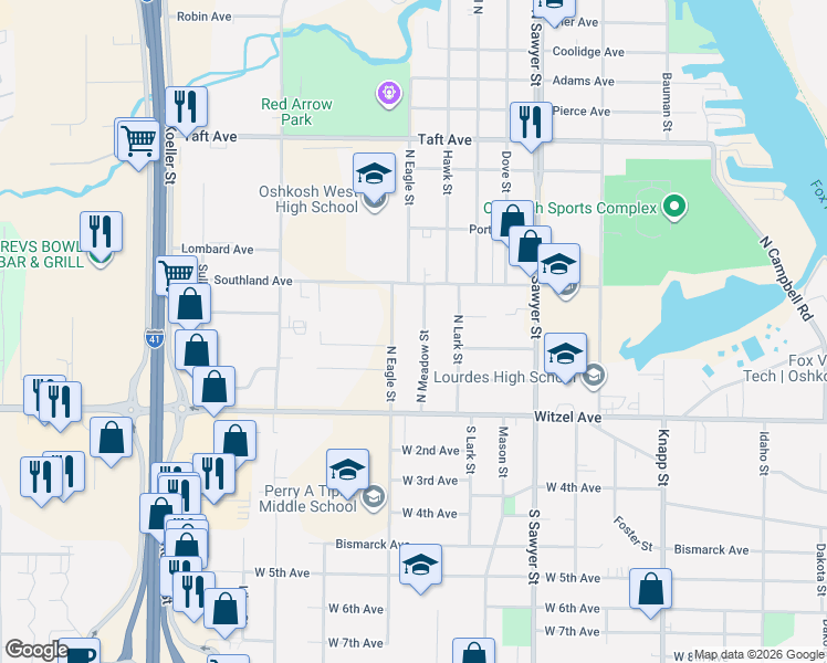 map of restaurants, bars, coffee shops, grocery stores, and more near 241 North Meadow Street in Oshkosh