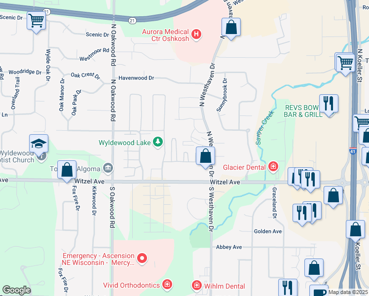 map of restaurants, bars, coffee shops, grocery stores, and more near 275 North Westhaven Drive in Oshkosh
