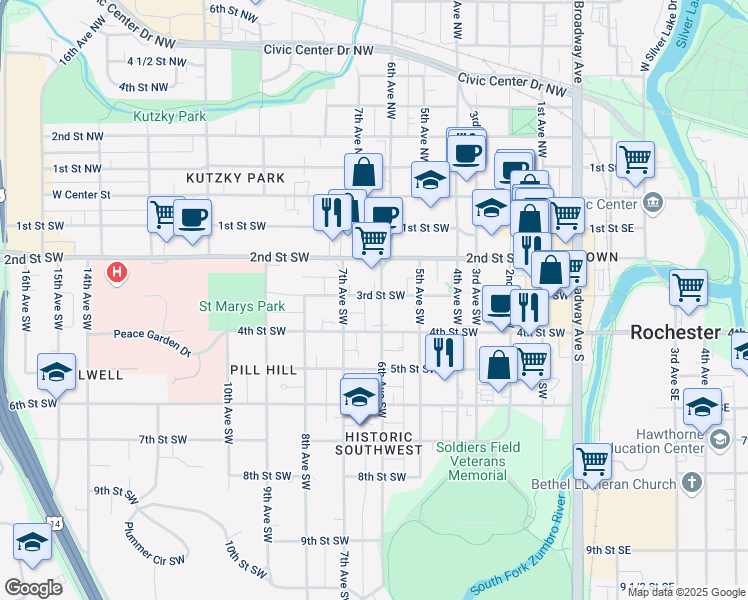map of restaurants, bars, coffee shops, grocery stores, and more near 229 6th Avenue Southwest in Rochester