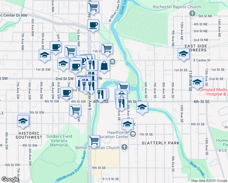 map of restaurants, bars, coffee shops, grocery stores, and more near in Rochester