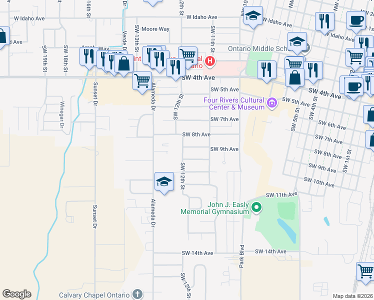 map of restaurants, bars, coffee shops, grocery stores, and more near 922 Southwest 12th Street in Ontario