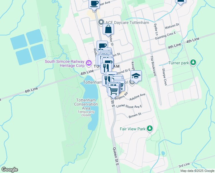 map of restaurants, bars, coffee shops, grocery stores, and more near 50 County Road 10 in New Tecumseth