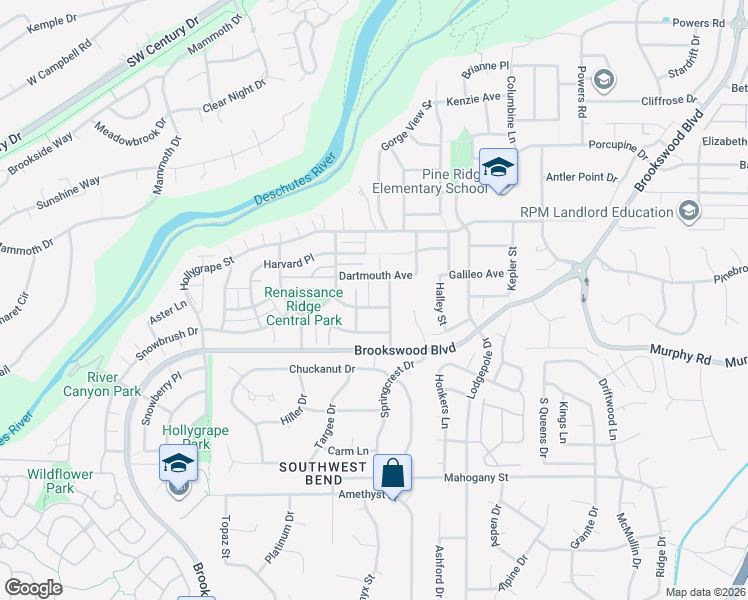 map of restaurants, bars, coffee shops, grocery stores, and more near 61143 Montrose Pass Street in Bend