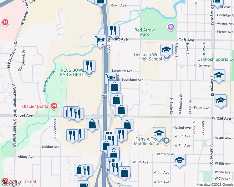 map of restaurants, bars, coffee shops, grocery stores, and more near 223 Sullivan Street in Oshkosh