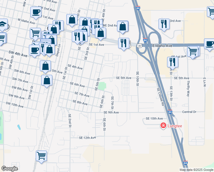 map of restaurants, bars, coffee shops, grocery stores, and more near 512 Southeast 5th Avenue in Ontario
