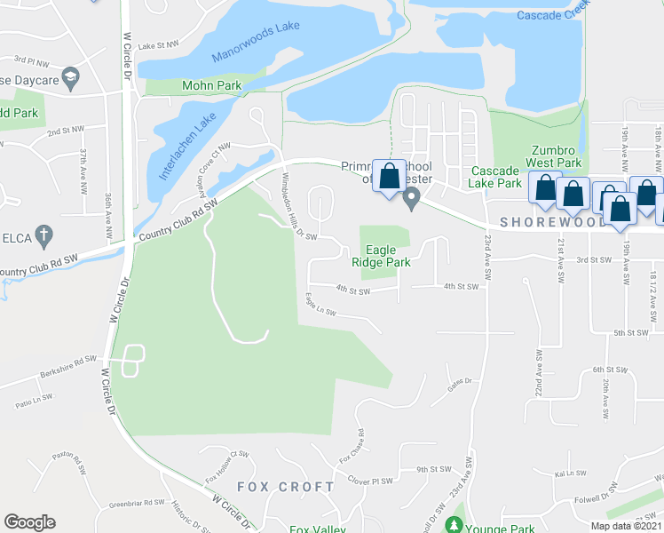 map of restaurants, bars, coffee shops, grocery stores, and more near 336 Wimbledon Hills Drive Southwest in Rochester