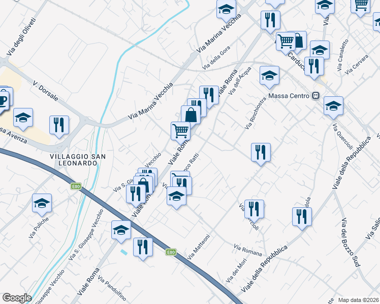 map of restaurants, bars, coffee shops, grocery stores, and more near 189-191 Viale Roma in Massa
