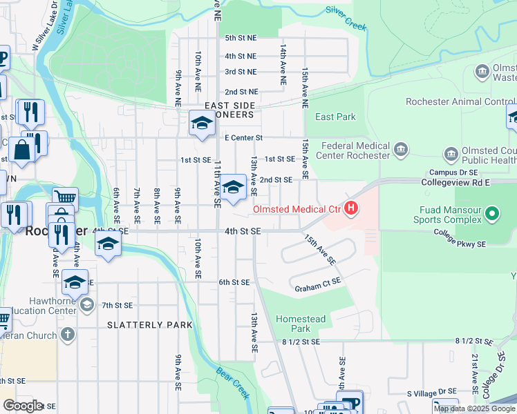 map of restaurants, bars, coffee shops, grocery stores, and more near 318 13th Avenue Southeast in Rochester