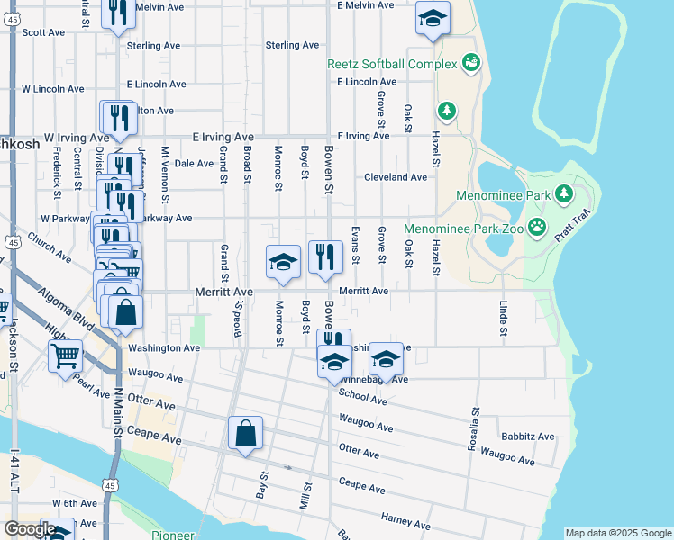 map of restaurants, bars, coffee shops, grocery stores, and more near 524 Bowen Street in Oshkosh