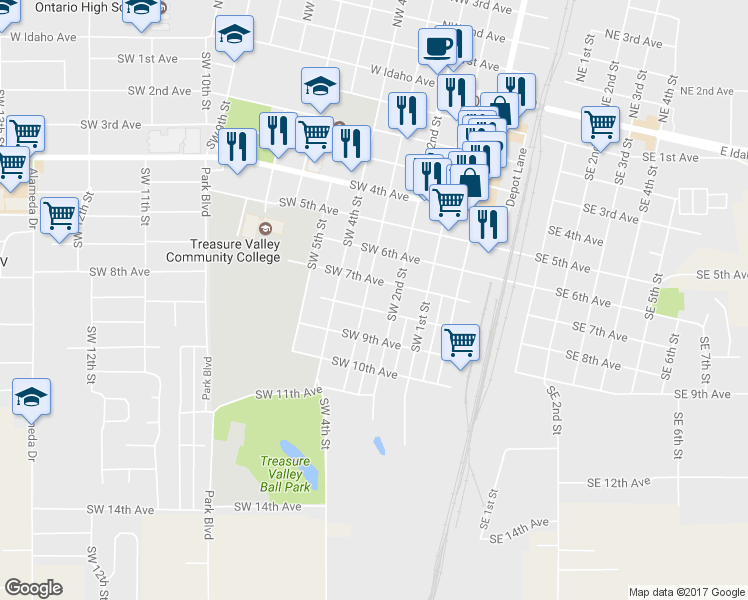 map of restaurants, bars, coffee shops, grocery stores, and more near 285 Southwest 8th Avenue in Ontario