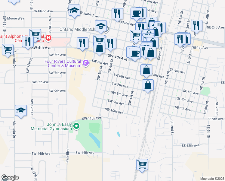 map of restaurants, bars, coffee shops, grocery stores, and more near 285 Southwest 8th Avenue in Ontario