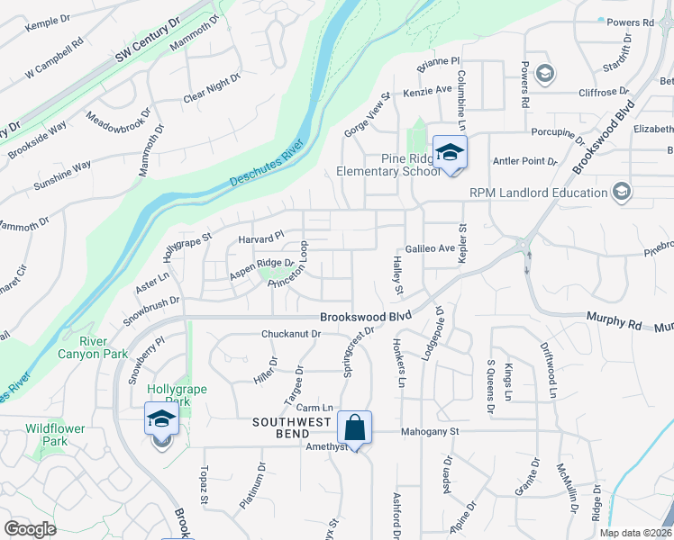 map of restaurants, bars, coffee shops, grocery stores, and more near 61143 Montrose Pass Street in Bend