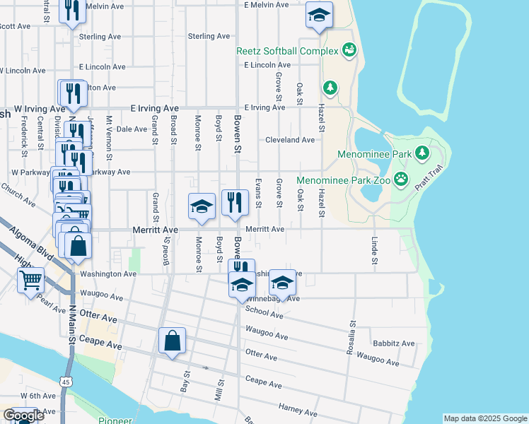 map of restaurants, bars, coffee shops, grocery stores, and more near 527 Grove Street in Oshkosh