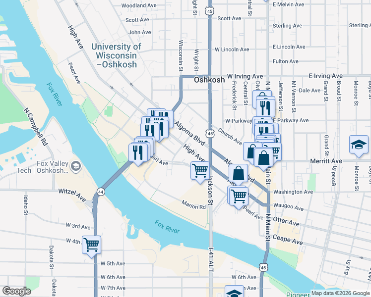 map of restaurants, bars, coffee shops, grocery stores, and more near 471 High Avenue in Oshkosh