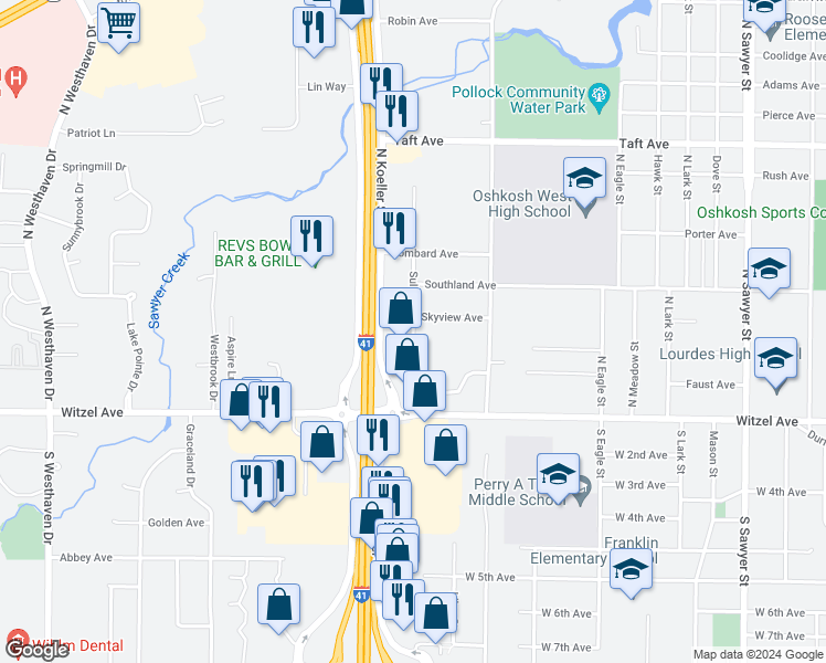 map of restaurants, bars, coffee shops, grocery stores, and more near 200 North Koeller Street in Oshkosh